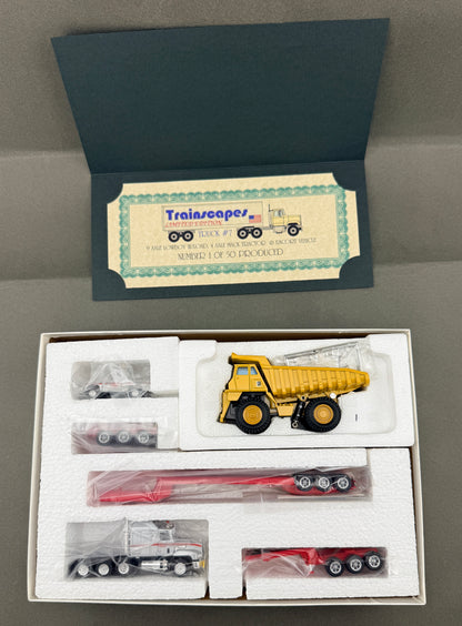 Trainscapes Limited Edition Truck #7 9 Axle Lowboy w/Load, 4 Axle Mack Tractor & Escort Vehicle 1 out of 50