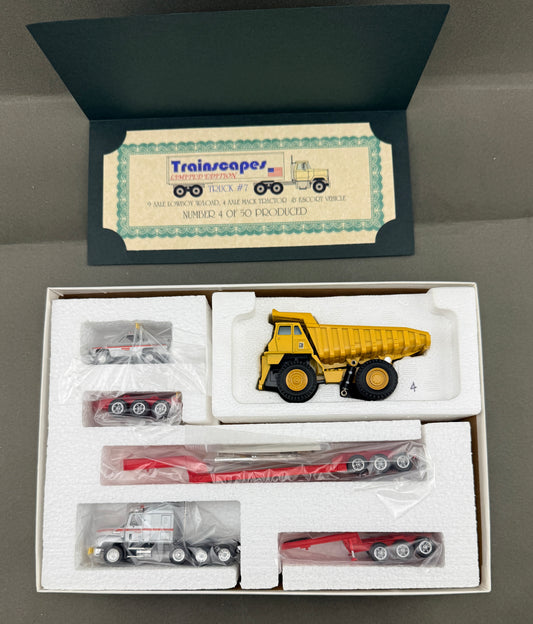 Trainscapes Limited Edition Truck #7 9 Axle Lowboy w/Load, 4 Axle Mack Tractor & Escort Vehicle 4 out of 50