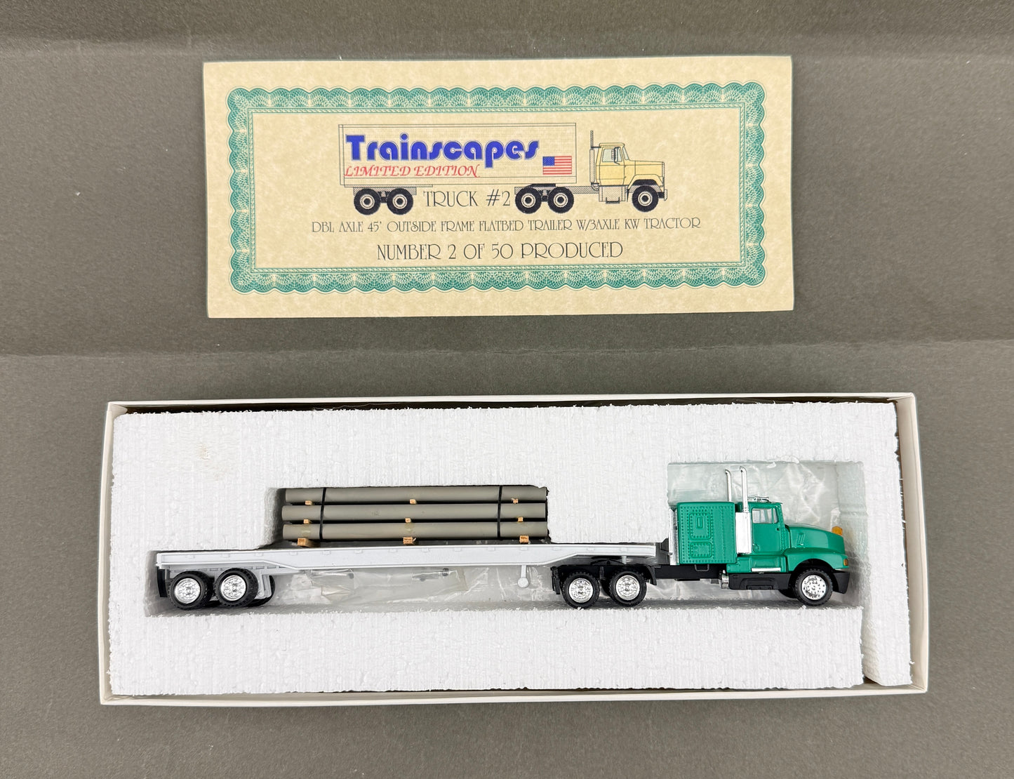 Trainscapes Limited Edition Truck #2 DBL Axle 45' Outside Frame Flatbed Trailer w/ 3 Axle KW Tractor 2 out of 50