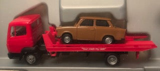 Pro-141246 - Promotex MAN F90 Car Transport Truck/Trailer - with red Trabant